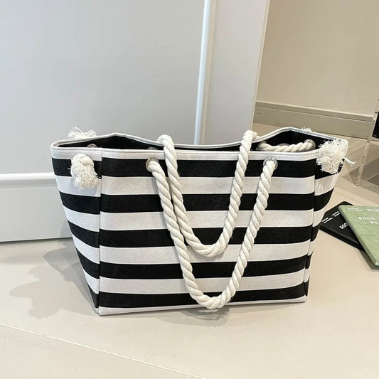 Bolso tote de lona con estampado de rayas y correa bandolera para mujer