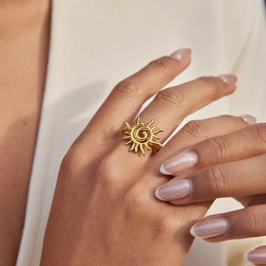 Anillo de acero inoxidable 304 con diseño de sol, hipoalergénico