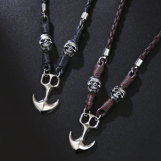 Collar de ancla y calavera con cuerda de piel tejida, estilo retro punk