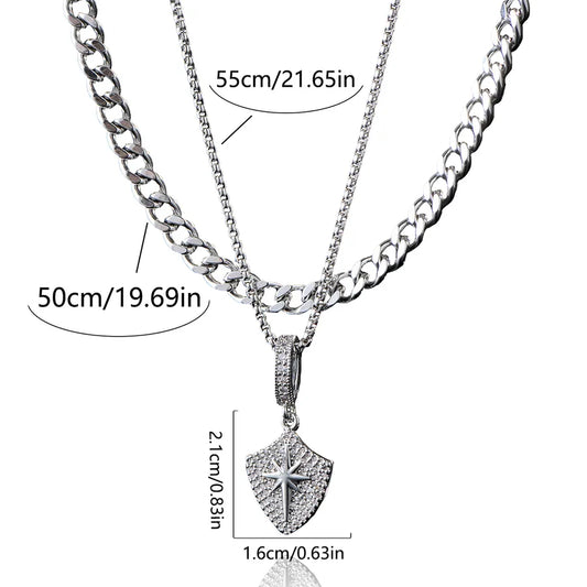 Collar doble de escudo sol y estrella con circonias para hombre - imagen 2