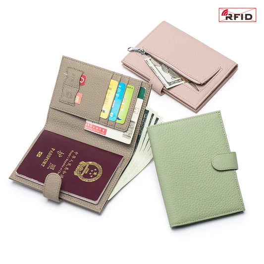 Portapasaportes de piel genuina para mujer con protección RFID
