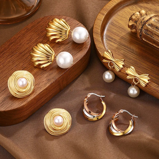 Aretes de acero inoxidable 304 con perla de imitación, estilo lujoso