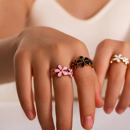 Anillo con diseño de flor en esmalte, estilo IG dulce para mujer