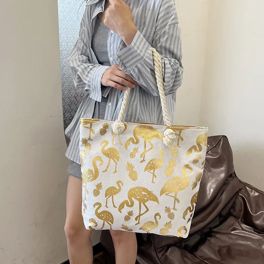 Bolso tote grande de lona con estampado de hojas, lunares y flamencos
