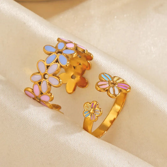Anillo ajustable de acero 304 con baño de oro 18K, flor y resina - imagen 2