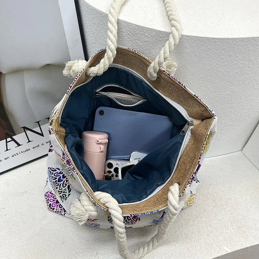 Bolso tote grande de lona con estampado de hojas, lunares y flamencos - imagen 2