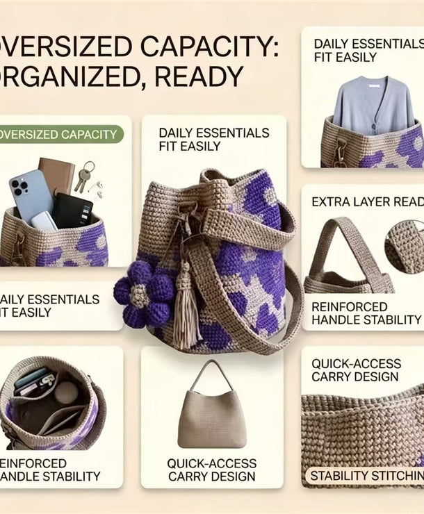 Bolso tote con flores tejidas a crochet para mujer - imagen 4