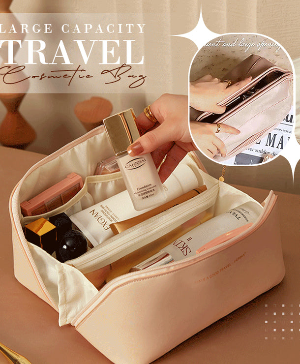 Cosmetiquera de viaje de gran capacidad con apertura amplia estructurada