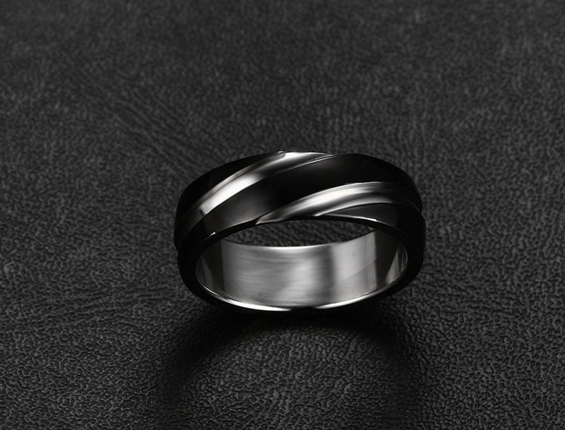 Anillo de acero de titanio negro con textura twill para hombre - imagen 4