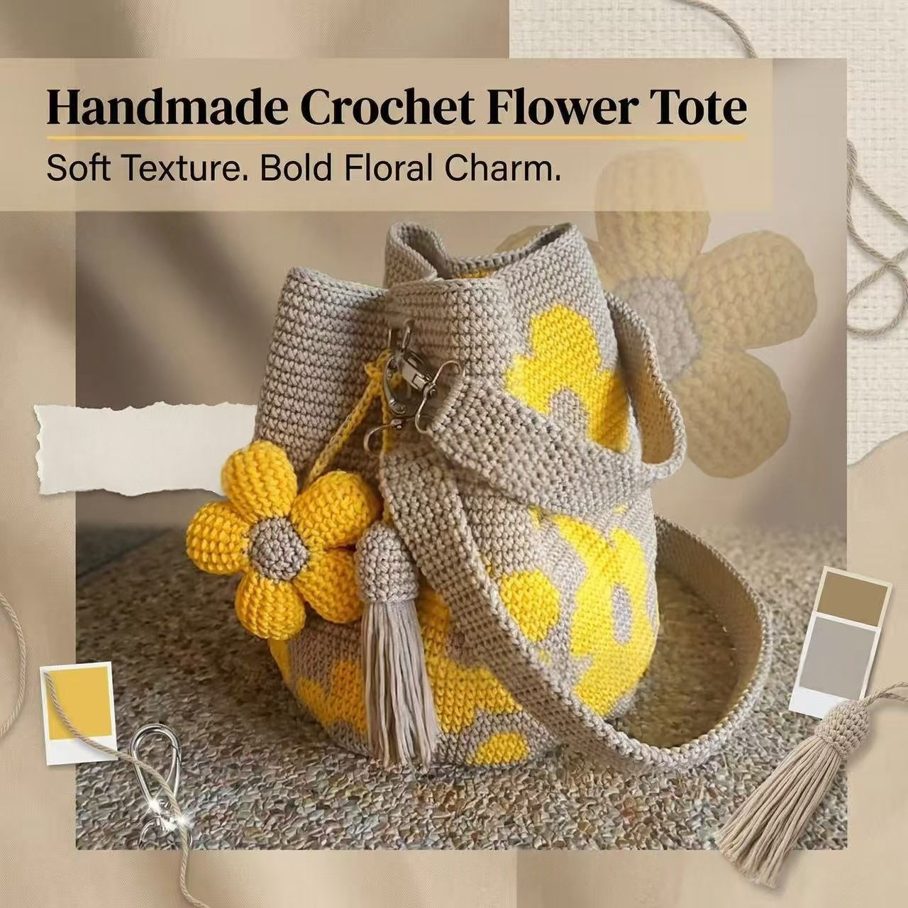 Bolso tote con flores tejidas a crochet para mujer - imagen 3