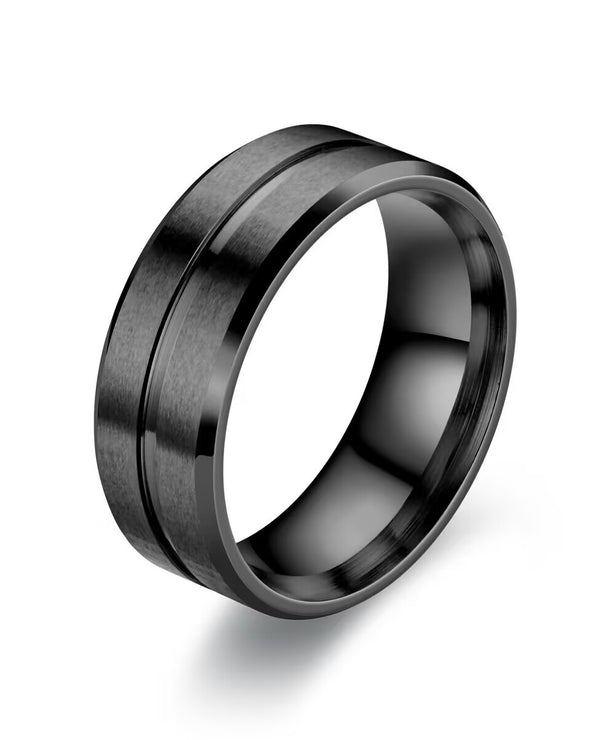 Anillo de acero de titanio negro con gema incrustada, diseño geométrico - imagen 2
