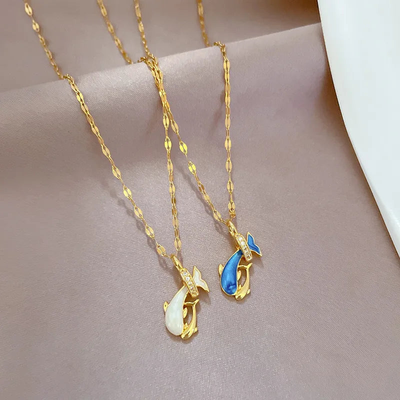 Collar con dije de delfín de acero y cobre con gemas para mujer - imagen 5
