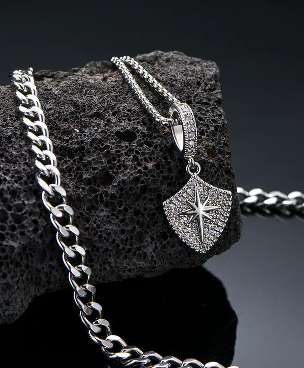 Collar doble de escudo sol y estrella con circonias para hombre - imagen 5