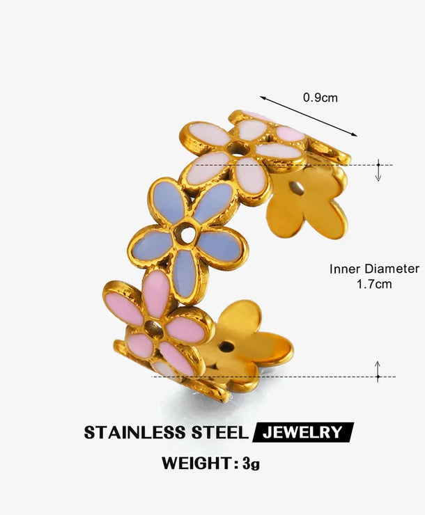 Anillo ajustable de acero 304 con baño de oro 18K, flor y resina - imagen 8
