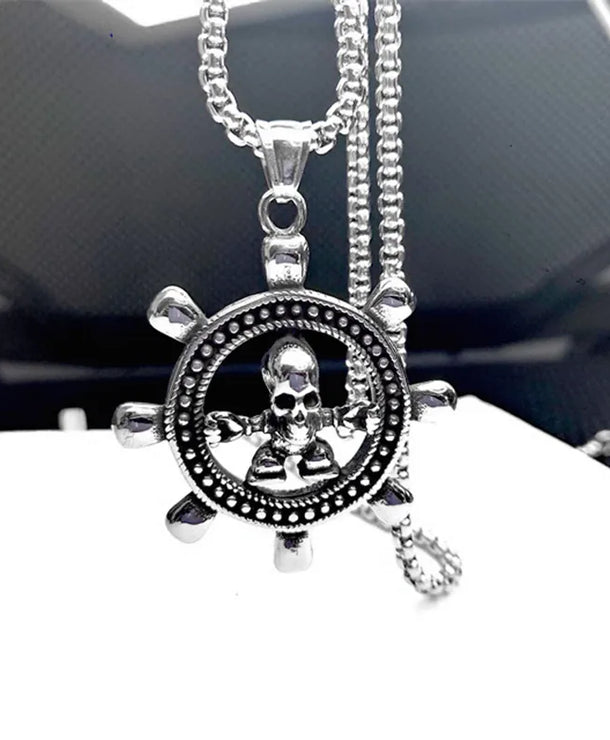 Collar de calavera y timón estilo navy en acero de titanio - imagen 4
