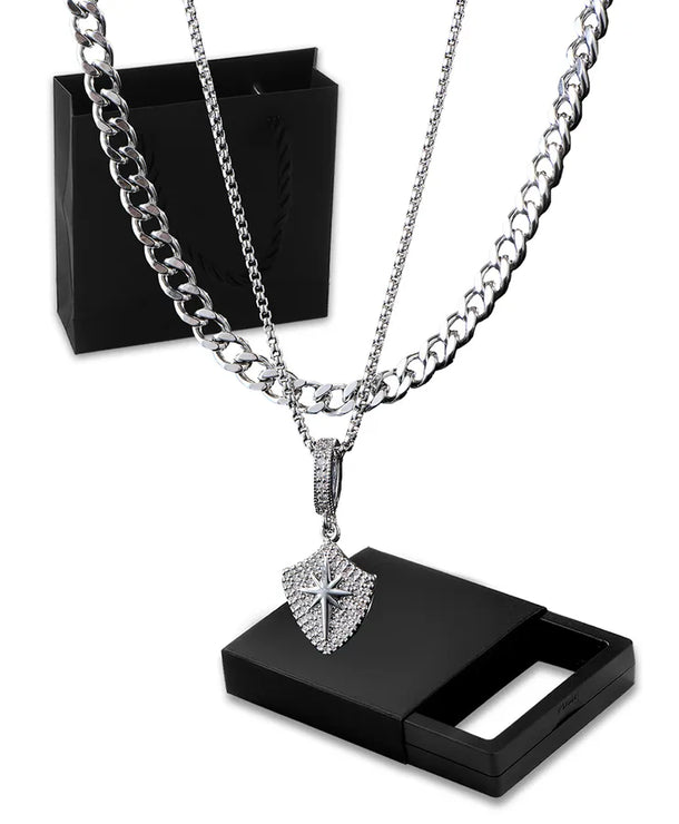 Collar doble de escudo sol y estrella con circonias para hombre - imagen 3