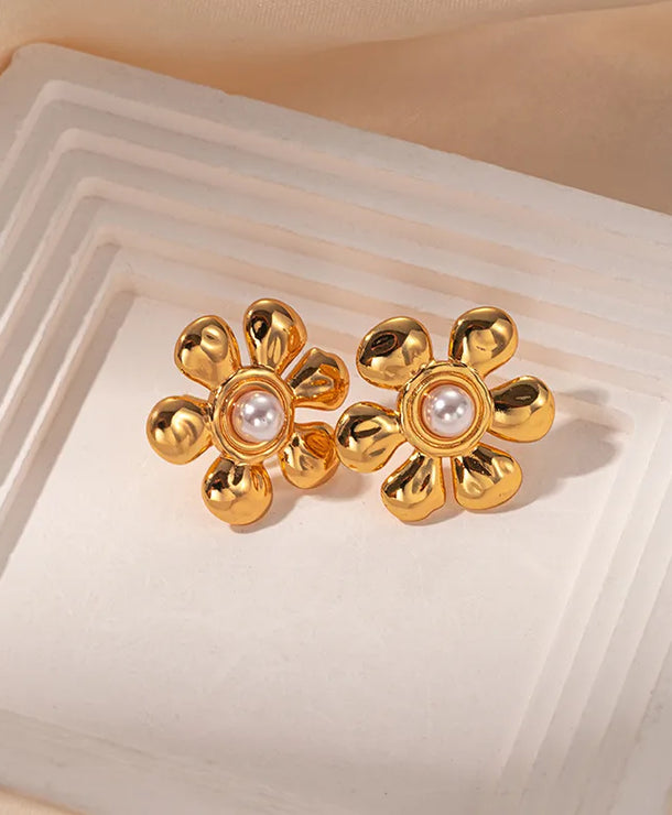 Aretes de flor con perla y baño dorado para mujer - imagen 5