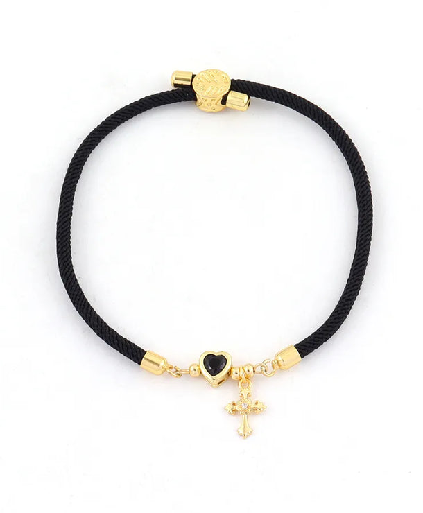 Pulsera de cordón con dijes de cruz y corazón en circonia para mujer - imagen 10