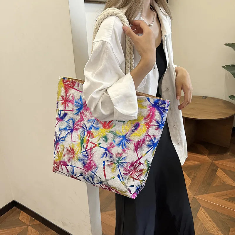 Bolso tote grande de lona con estampado de hojas, lunares y flamencos - imagen 5