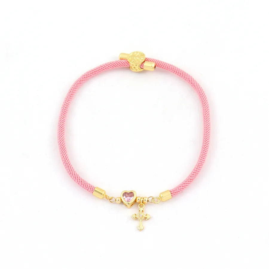 Pulsera de cordón con dijes de cruz y corazón en circonia para mujer - imagen 8