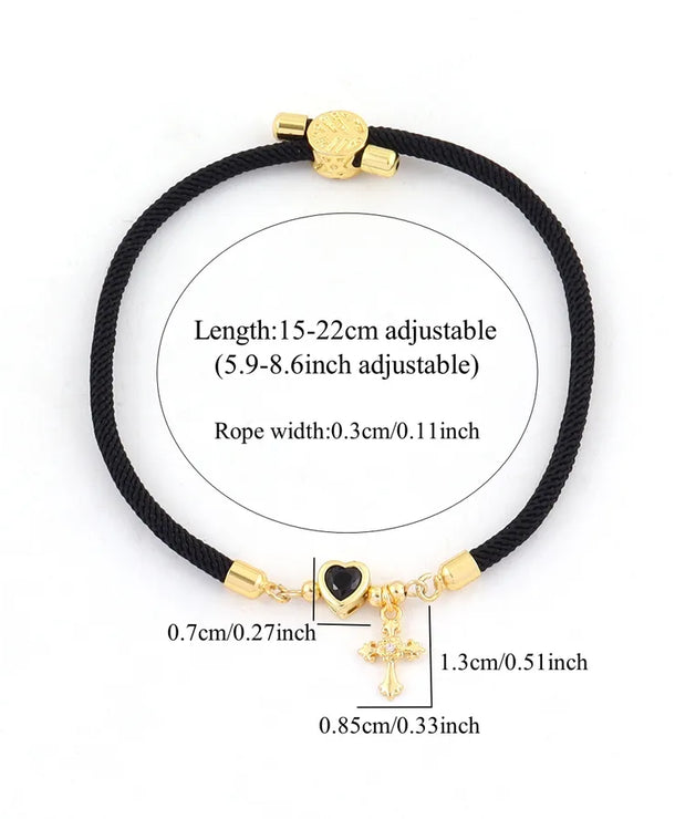 Pulsera de cordón con dijes de cruz y corazón en circonia para mujer - imagen 2