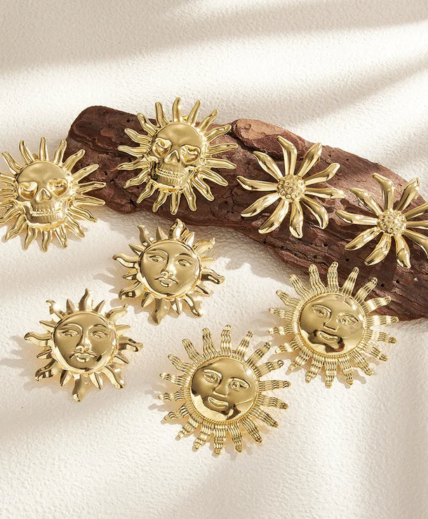 Aretes de botón de acero 201 con diseño de girasol, acabado pulido