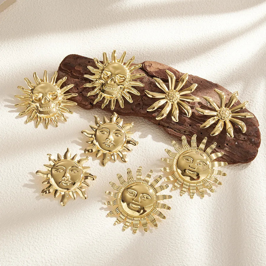 Aretes de botón de acero 201 con diseño de girasol, acabado pulido