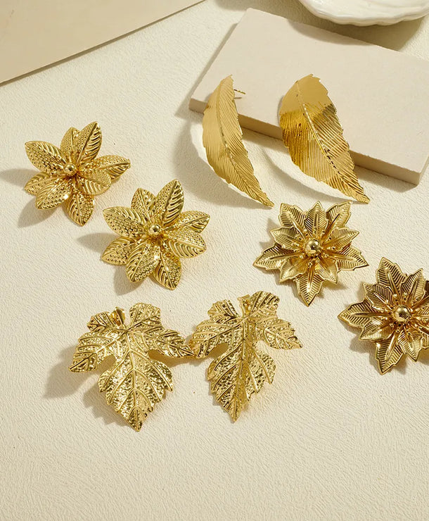 Aretes de botón de acero 304 con diseño de hoja tropical para mujer