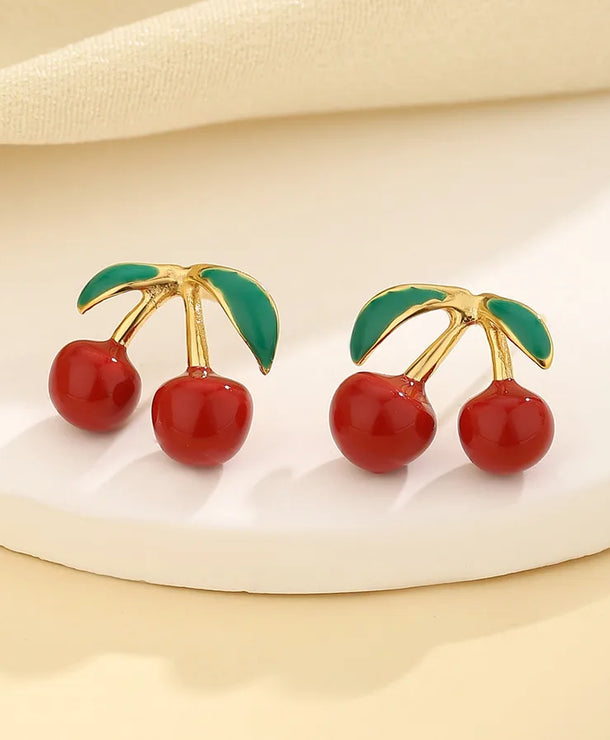 Aretes de cerezas asimétricos con baño de oro 14K para mujer - imagen 3