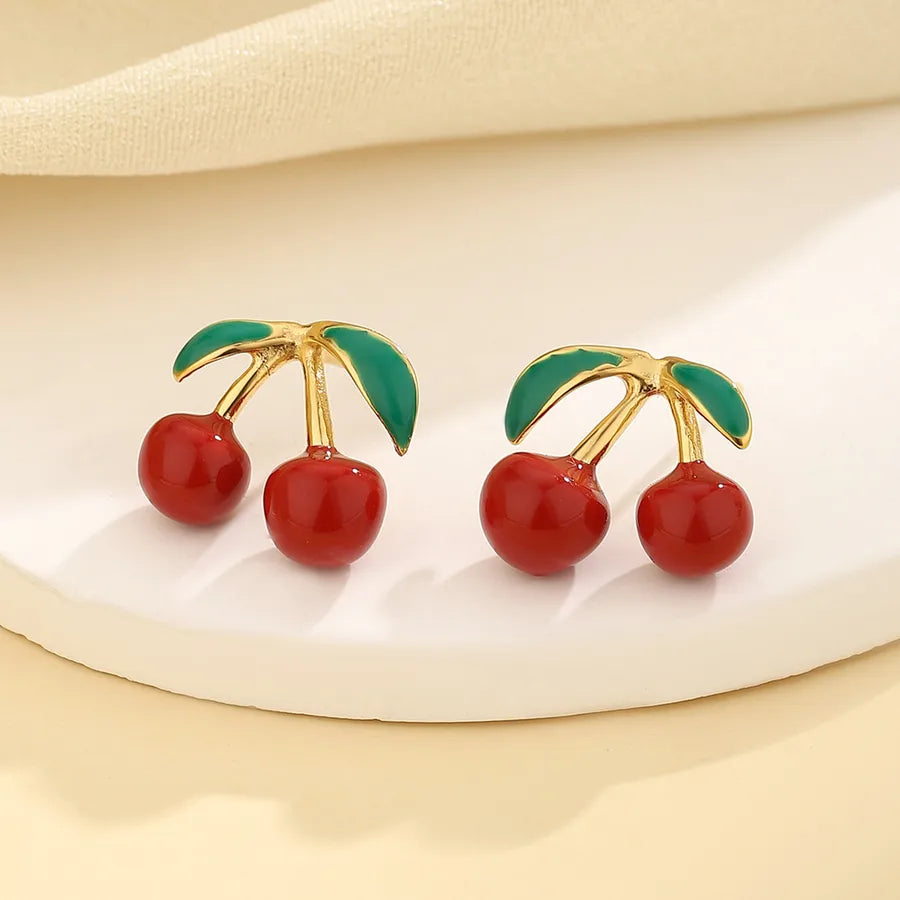 Aretes de cerezas asimétricos con baño de oro 14K para mujer - imagen 3