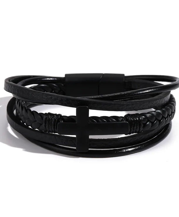 Brazalete punk geométrico para hombre con cadena de piel tejida - imagen 4