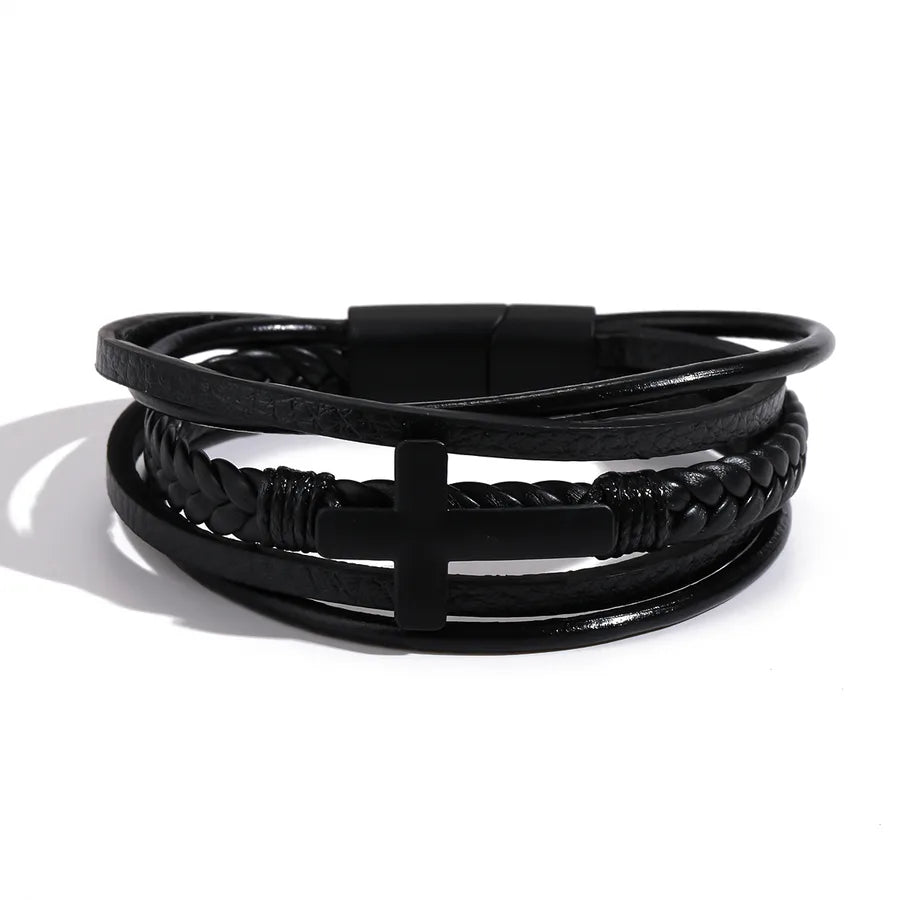 Brazalete punk geométrico para hombre con cadena de piel tejida - imagen 4