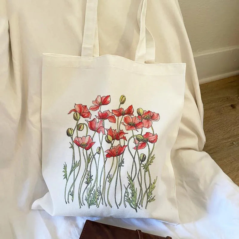 Bolso de lona con estampado de flores para mujer, diseño abierto