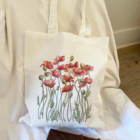 Bolso de lona con estampado de flores para mujer, diseño abierto