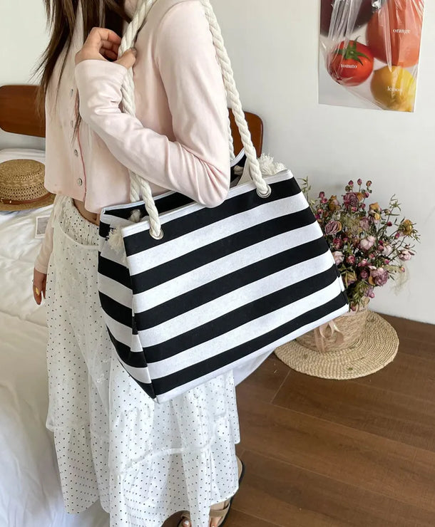 Bolso tote de lona con estampado de rayas y correa bandolera para mujer - imagen 3