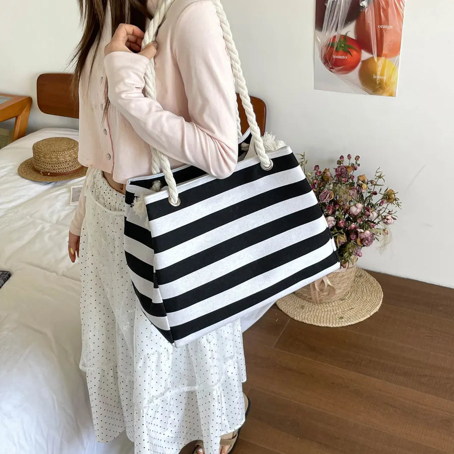 Bolso tote de lona con estampado de rayas y correa bandolera para mujer - imagen 3
