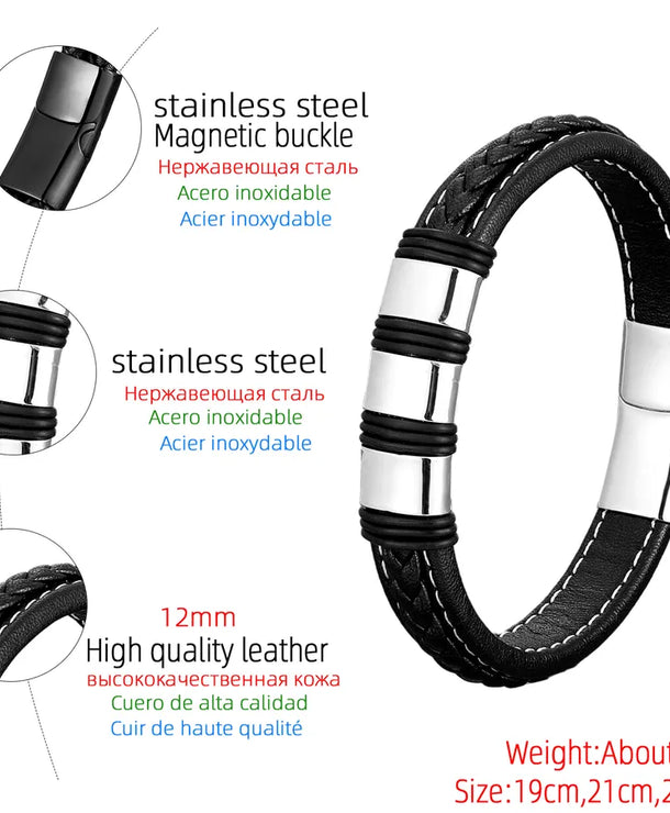 Pulsera geométrica de acero inoxidable 316 y piel para hombre - imagen 2