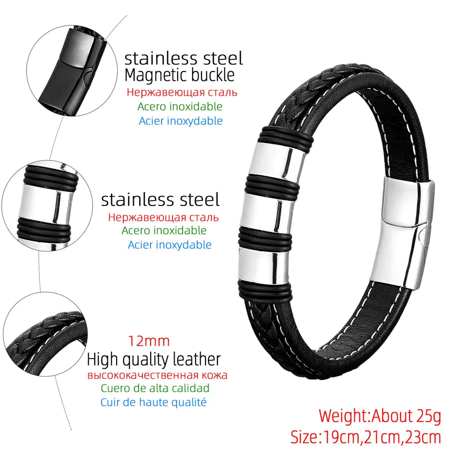 Pulsera geométrica de acero inoxidable 316 y piel para hombre - imagen 2