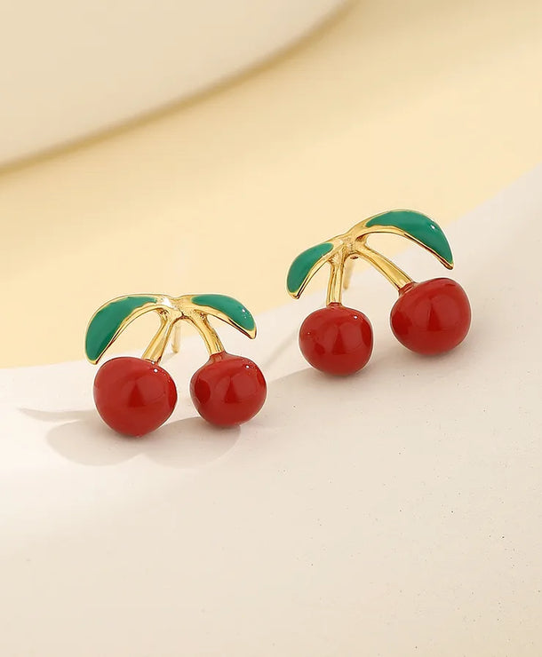 Aretes de cerezas asimétricos con baño de oro 14K para mujer - imagen 4
