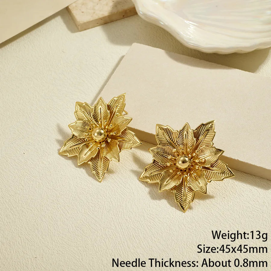 Aretes de botón de acero 304 con diseño de hoja tropical para mujer - imagen 7
