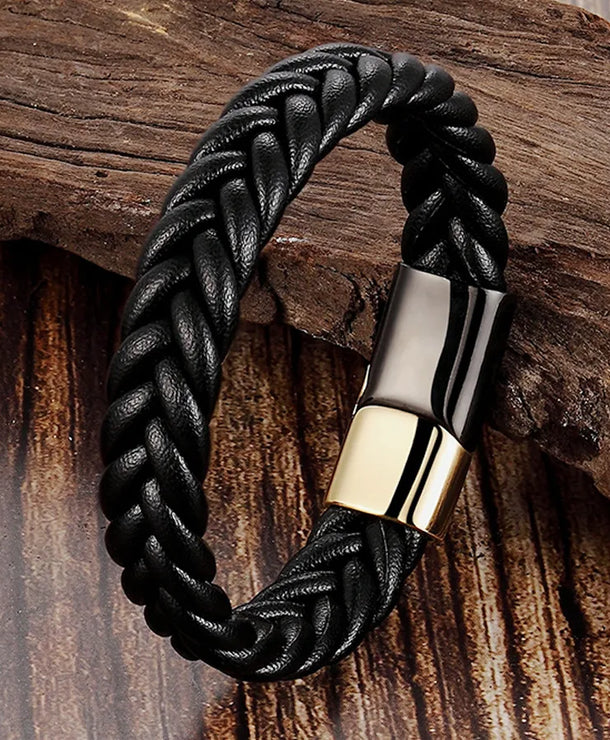 Pulsera de piel tejida y acero de titanio para hombre, estilo vintage - imagen 6