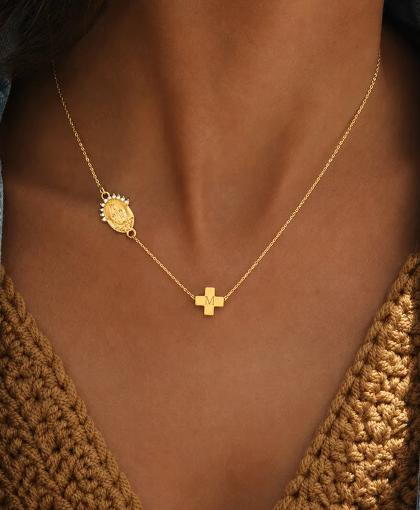 Collar con dije de cruz y Virgen María en acero inoxidable 201