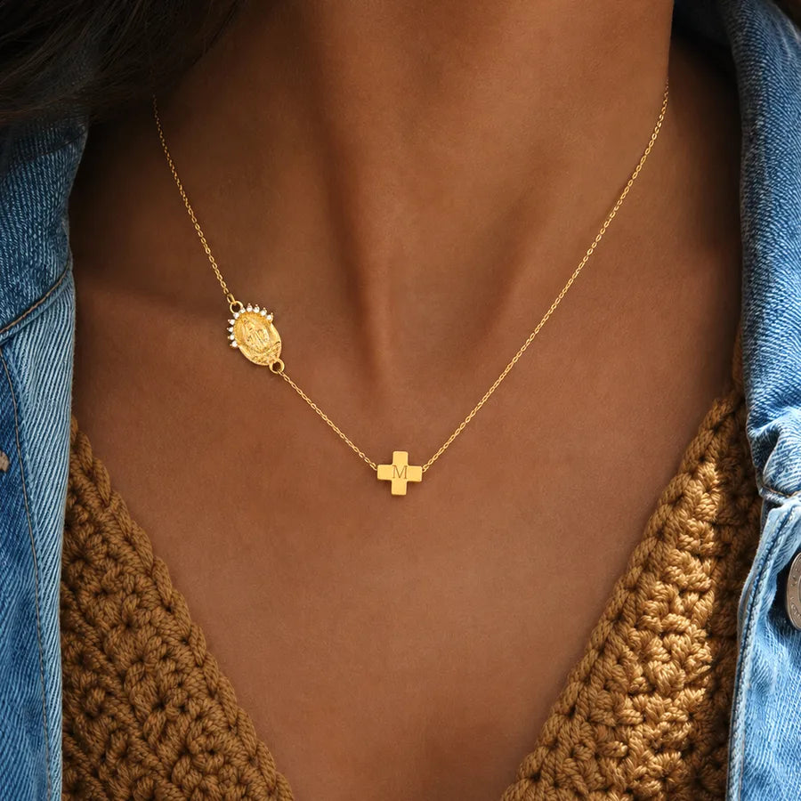 Collar con dije de cruz y Virgen María en acero inoxidable 201