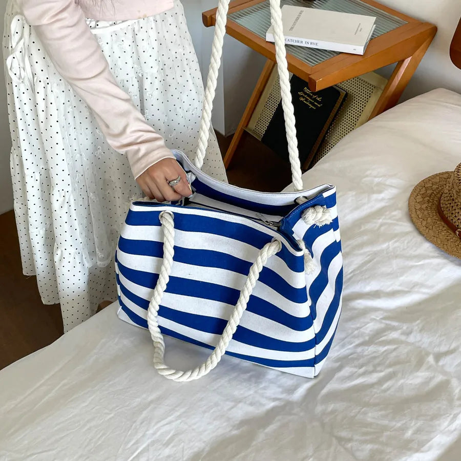 Bolso tote de lona con estampado de rayas y correa bandolera para mujer - imagen 4