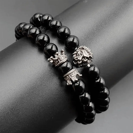 Set de 2 brazaletes de aleación negra con diseño de corona para hombre