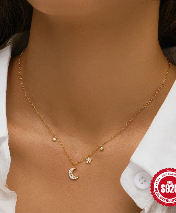 Collar de plata esterlina 925 dorado con dijes de estrella y luna - imagen 2