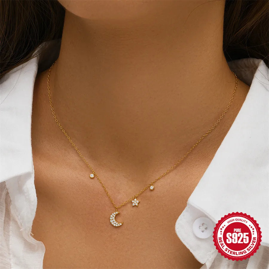 Collar de plata esterlina 925 dorado con dijes de estrella y luna - imagen 2