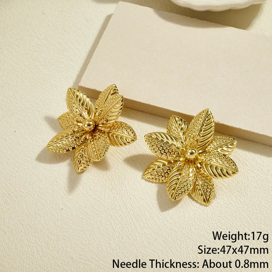 Aretes de botón de acero 304 con diseño de hoja tropical para mujer - imagen 5