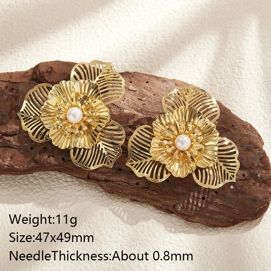 Aretes de botón de acero 201 con baño de oro 14K y diseño de flor - imagen 9