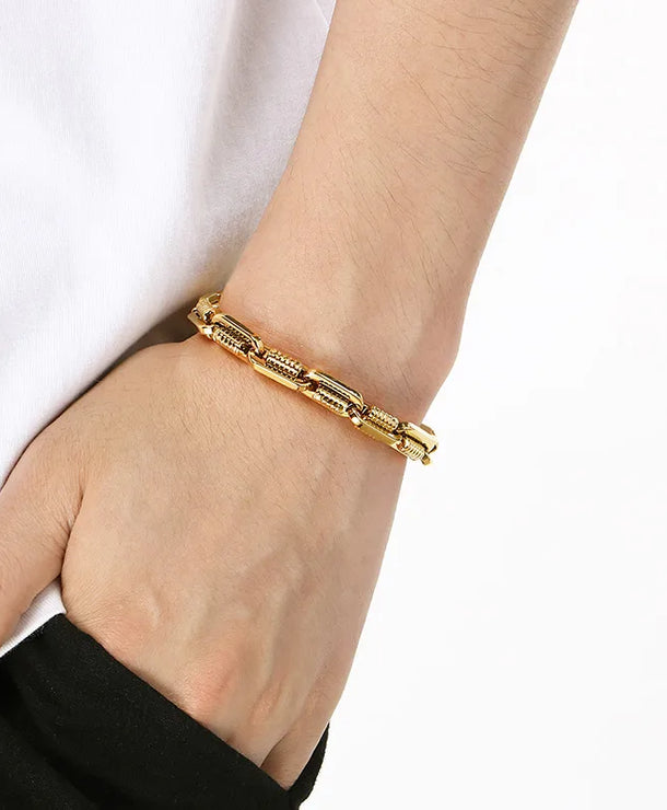 Pulsera de eslabones ovalados con patrón de engranaje chapada en oro 18K - imagen 10